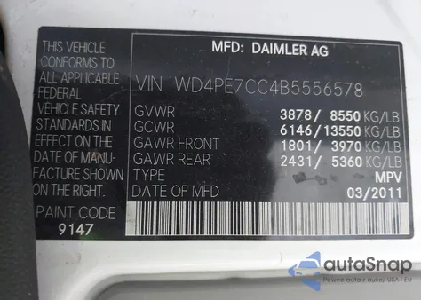 2011 Mercedes-Benz Sprinter 2500 Normal Roof z USA, uszkodzony, nr VIN WD4PE7CC4B5556578